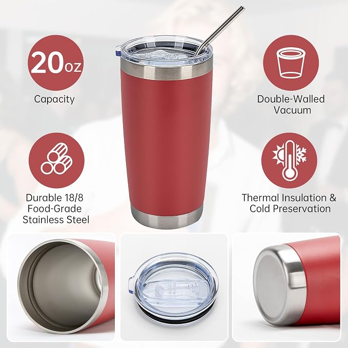 IEOVIEE 32 Pack, 20oz Stainless Steel Bulk Tumblers with Lids and Straws, Double Wall Insulated Travel Coffee Mug, Durable Powder Coated Tumbler Bulk Cup for Cold and Hot Drinks(Red) - Image 5