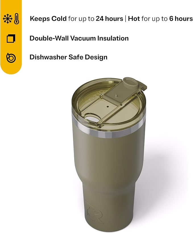 RTIC 40oz Essential Tumbler with Lid, Ceramic Lined, Insulated, Stainless Steel, Metal, Double Wall Vacuum-Insulation, Travel Cup for Iced Coffee, Tea, Hot and Cold Drink, Olive - Image 3