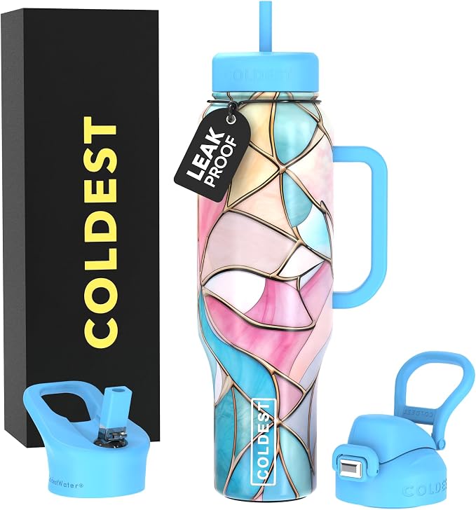 Coldest Tumbler with Handle and Straw - 100% Leak Proof Insulated Tumbler with Lid and Straw (3 Lids) - Stainless Steel Tumblers for Women & Men - Cup Holder Friendly Base, 46 oz (Astroflora) by Coldest