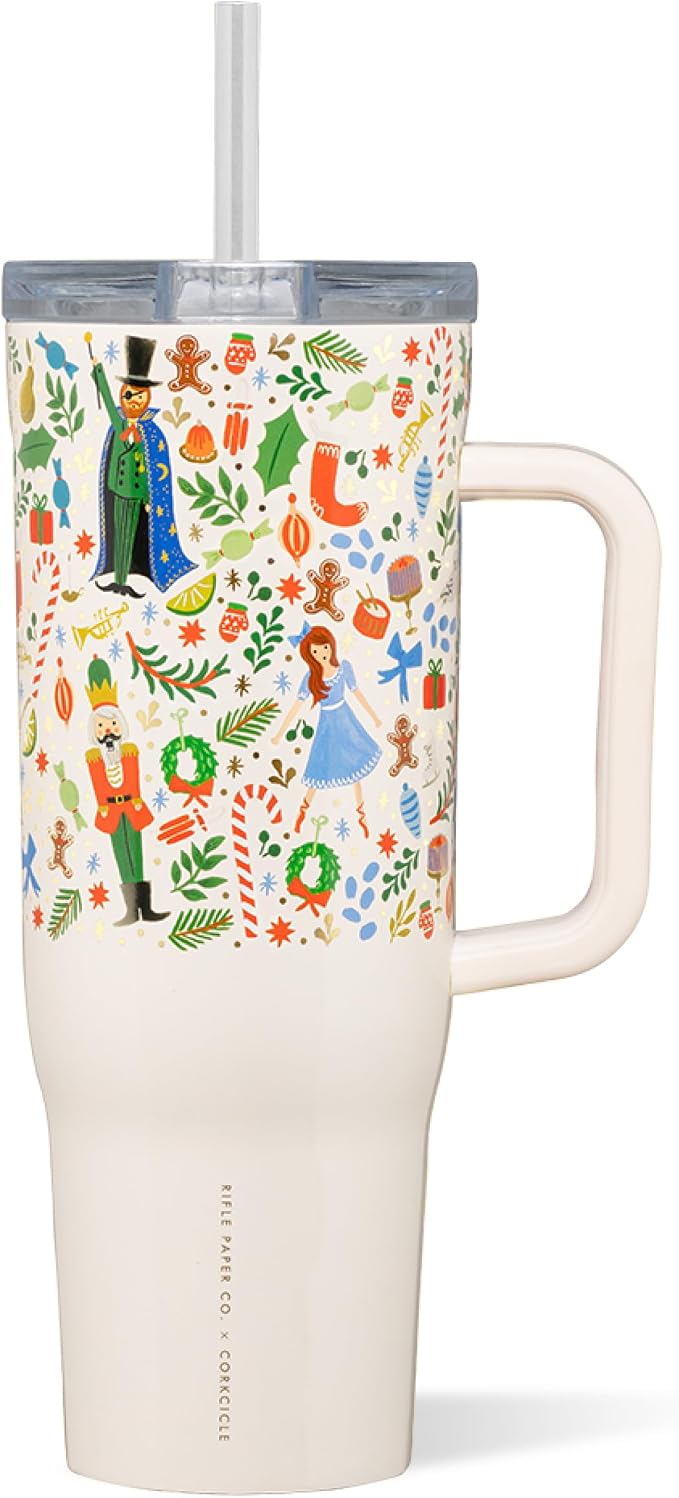 Corkcicle x Rifle Paper Co. Cruiser Insulated Tumbler with Handle & Straw - Keeps Drinks Cold 20 Hours - BPA-Free - Gift for Mom - Great for Mother's Day or Christmas - 40 oz - Nutcracker Ballet by Corkcicle