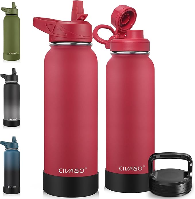 CIVAGO 40 oz Insulated Water Bottle With Straw, Stainless Steel Sports Water Cup Flask with 3 Lids, Double Walled Travel Thermal Canteen Mug, Red by CIVAGO