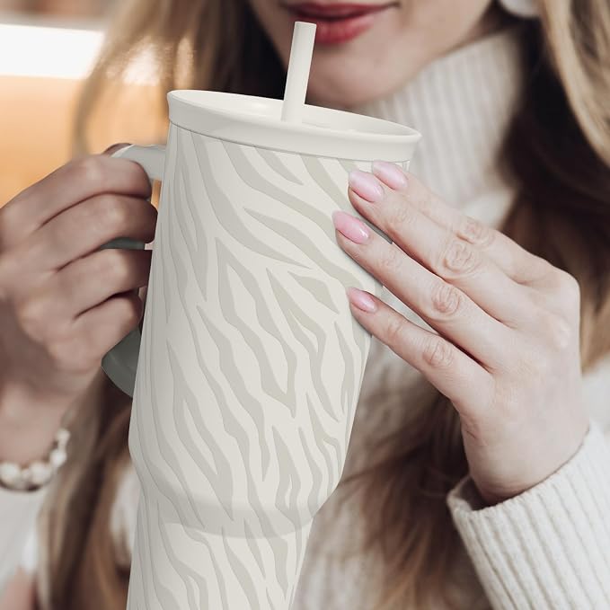 SANDJEST Zebra Skin 40oz Slider Tumbler with Handle and Straw - Insulated Stainless Steel Travel Coffee Mug for Women Girls, Gift for Birthday, Christmas - Image 6