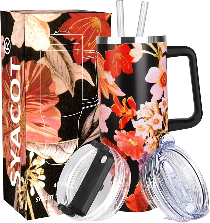 SYACOT 40 oz Tumbler with Handle and Straw Stainless Steel Insulated Tumbler Leak Proof Lid and Straw Lid Reusable Travel Mug Coffee Mug Cup Dishwasher Safe Keep Drinks Cold and Hot (Jasmine) by SYACOT
