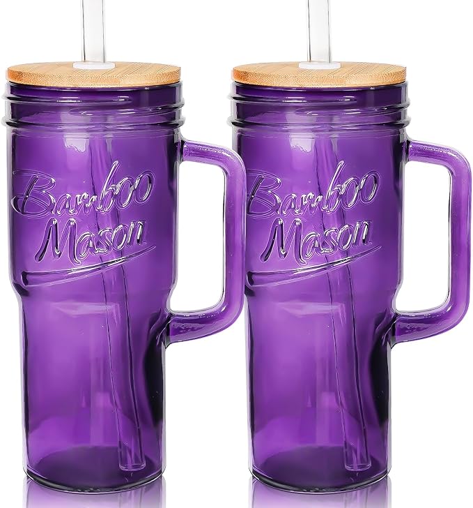 ANOTION Glass Cups with Handle, 24oz Glass Cups with Lids and Straws Travel Coffee Mug Bamboo Mason Jar Iced Cup Smoothie Tea Clear Cute Water Drinking Jars Glasses, Purple by ANOTION