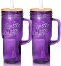ANOTION Glass Cups with Handle, 24oz Glass Cups with Lids and Straws Travel Coffee Mug Bamboo Mason Jar Iced Cup Smoothie Tea Clear Cute Water Drinking Jars Glasses, Purple by ANOTION