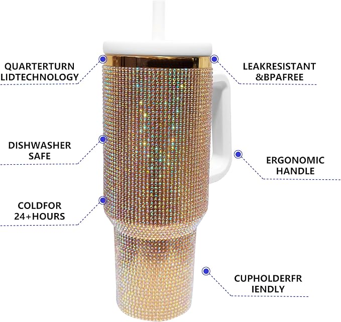 40-OZ Insulated Water Bottle,Insulated Stainless Steel Tumbler,Reusable Cold Drink Thermos,BPA-Free, Double-Wall Stainless Steel Water Bottle (Golden Copper Color-Diamond, 40, Fluid Ounces) - Image 5