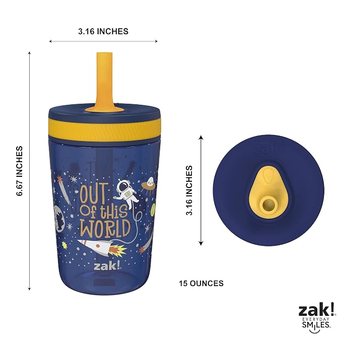 Zak Designs Kelso 15 oz Tumbler Set, (Space) Leak-Proof Screw-On Lid with Straw Made of Durable Plastic and Silicone, Perfect Cup Bundle for Kids (2pc Set) - Image 8