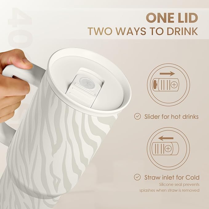 SANDJEST Zebra Skin 40oz Slider Tumbler with Handle and Straw - Insulated Stainless Steel Travel Coffee Mug for Women Girls, Gift for Birthday, Christmas - Image 5