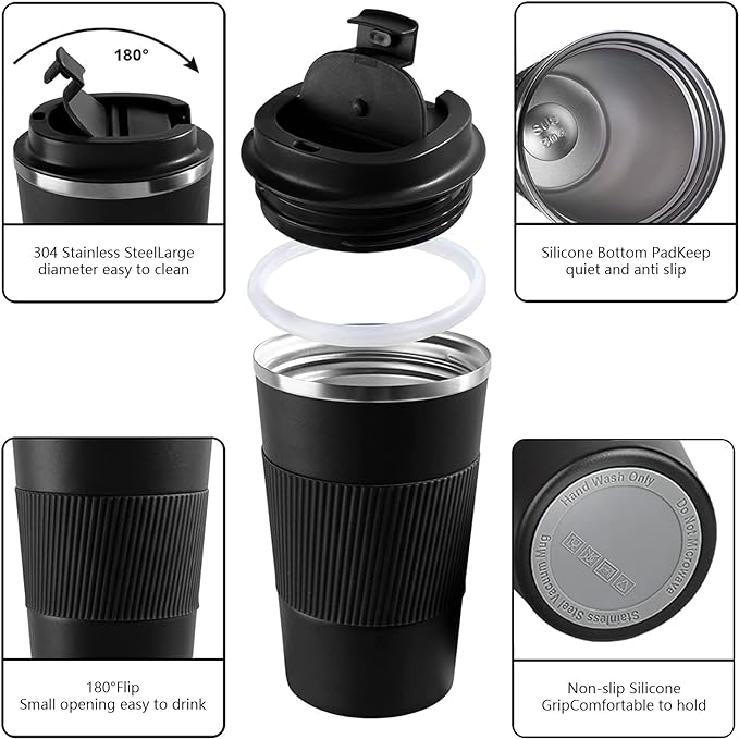 YINBAOGE Insulated Travel Coffee Mug, Spill & Leak Proof, Portable To Go Camping Stainless Steel Coffee Tumbler, Reusable Thermal Coffee Cup with Lid for Hot & Cold Drinks (Black, 12 OZ) - Image 2