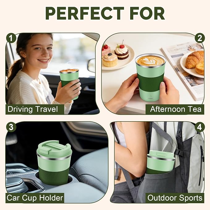 MOMSIV 12oz Travel Mug, Insulated Coffee Cup with Leakproof Lid, Vacuum Stainless Steel Double Walled Reusable Tumbler for Hot and Cold Water Coffee and Tea In Travel and Car (Green-380ml) - Image 7