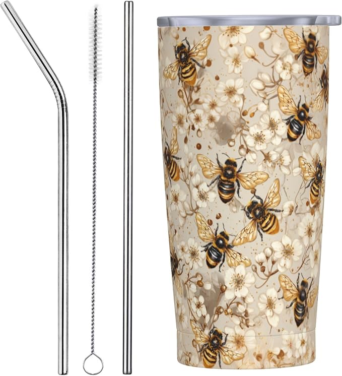 Bee Tumbler with Lid and Straw 20oz Vacuum Insulated Coffee Cup Stainless Steel Tumblers Leakproof Travel Mug Present for Women Men by Yrebyou
