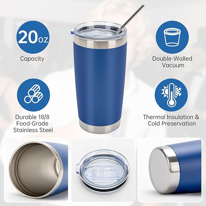 IEOVIEE 32 Pack, 20oz Stainless Steel Bulk Tumblers with Lids and Straws, Double Wall Insulated Travel Coffee Mug, Durable Powder Coated Tumbler Bulk Cup for Cold and Hot Drinks(Dark Blue) - Image 5