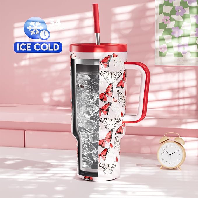 Meoky 40 oz Tumbler with Handle and Straw: Stainless Steel Insulated Tumbler with Lid and Straw - 100% Leak Proof Tumbler for Car Cup Holders - Travelers Commuters Workers, Red Butterfly - Image 2