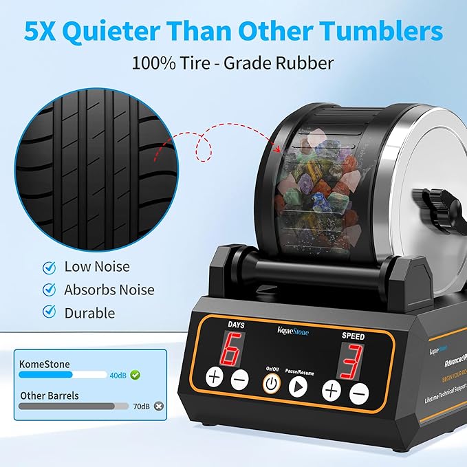 KomeStone Rock Tumbler Kit, K1 Professional Large 2.5LB Capacity Edition - Memory Function, Digital Timer & Variable Speeds: Includes All Accessories, Rock Polisher Gift for Adults & Kids - Image 4