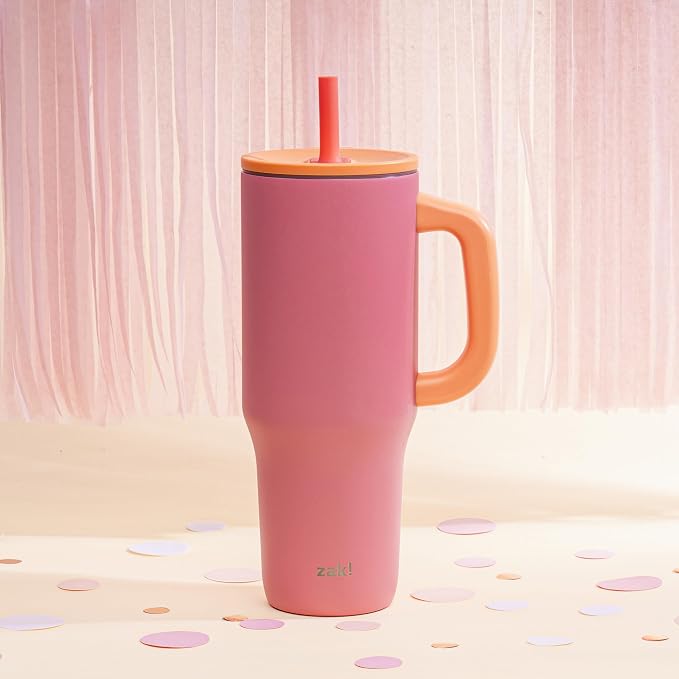 Zak Designs Sutton Travel Tumbler for On the Go, 40oz Stainless Steel with Vacuum Insulation, Silicone Straw, and Carry Handle for Cold Drinks (So Sweet Pink) - Image 8