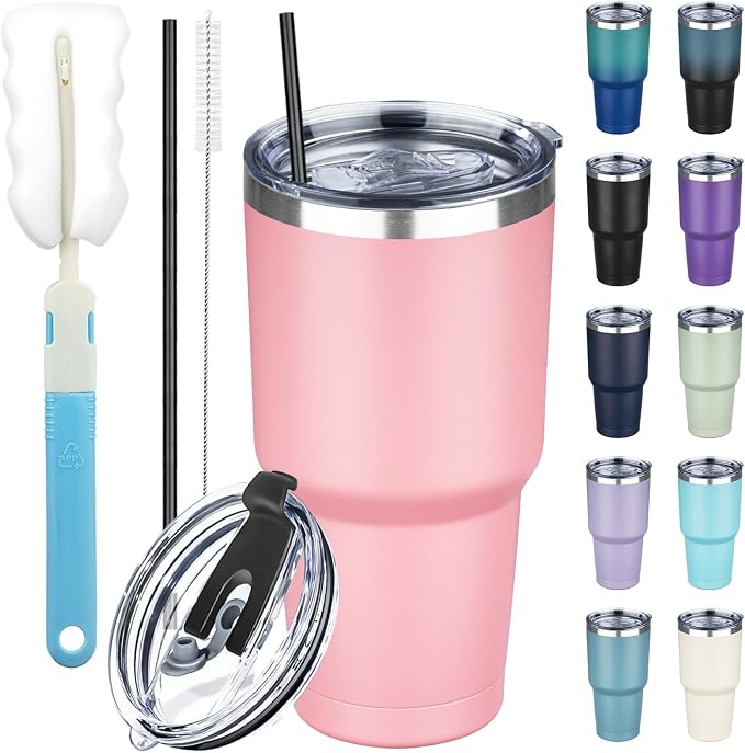 30 oz Tumbler with Lids and Straws, Stainless Steel Insulated Coffee Tumbler, Double Wall Vacuum Insulated Travel Mug Cup, Leakproof Thermal Coffee Cup for Hot and Cold Drinks (Light Pink) by GUDEMAO