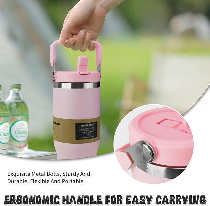 30oz Flip Straw Insulated Tumbler with Handle, Leak Proof Stainless Steel Water Bottle, Double Wall Vacuum Travel Coffee Mug for Cold Drinks, Gym Office Travel Essentials - Image 4