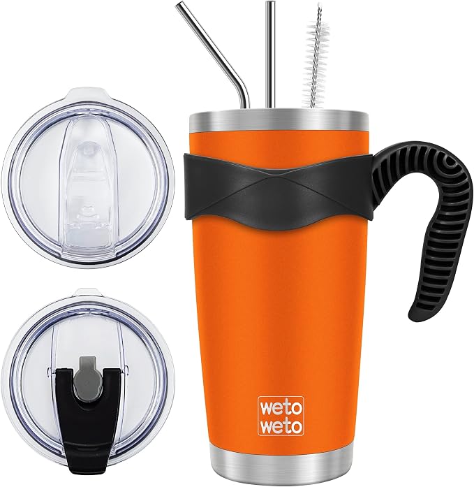 WETOWETO 20oz Tumbler with 2 lids and 2 straws, Stainless Steel Vacuum Insulated Water Coffee Tumbler Cup, Double Wall Powder Coated Spill-Proof Travel Mug Thermal Cup (Orange, 1 Pack) by Wetoweto