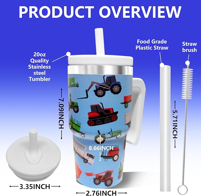 20-OZ Insulated Water Bottle,Insulated Stainless Steel Tumbler,Reusable Cold Drink Thermos,BPA-Free, Double-Wall Stainless Steel Water Bottle (Blue-Farm Vehicle, 20, Fluid Ounces) - Image 2