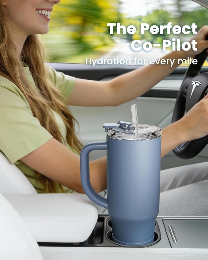 Renoj Insulated Mug 100% Leak Proof Insulated Water Bottle for Iced Coffee & Hot Drinks - Fits Car Cup Holder, Ideal Gift, 2 Straws & Silicone Boot - SnapShift Navy Blue 32 oz - Image 2
