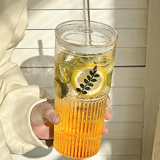 20oz Glass Cups With Glass Lids and Straws, High Borosilicate Iced Coffee Cups, Reusable Glass Tumblers for Coffee, Tea, Juice, Smoothies, Hot/Cold Drinks at Home, Office - 4 Packs - Image 9