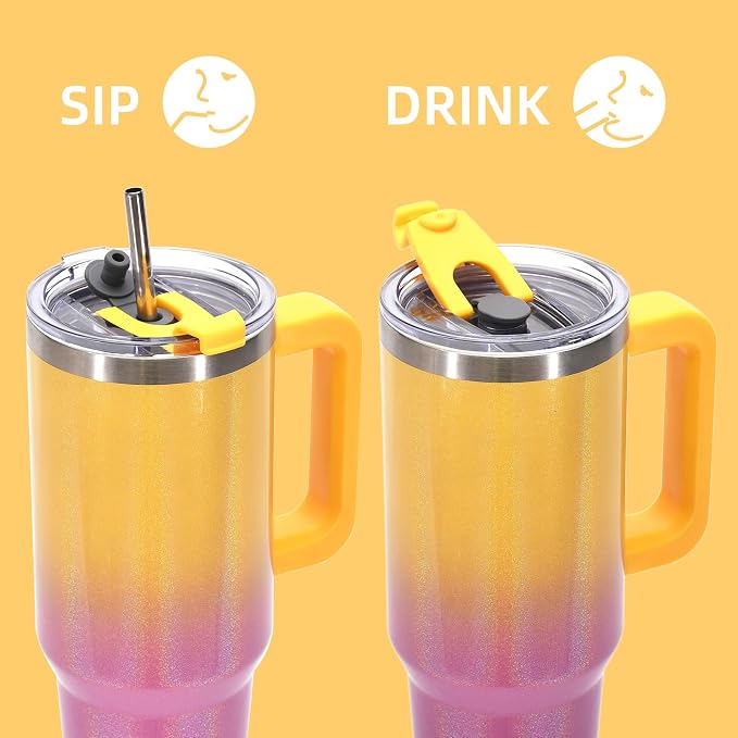40 oz Shiny Tumbler with Handle and Straw,Stainless Steel Tumbler with Lid and Straw,Insulated Travel Mug(Cold for 34 Hours),Water Bottle for Iced Tea,Coffee (Yellow) - Image 3