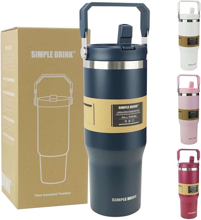30oz Flip Straw Insulated Water Bottle with Handle, Leak Proof Stainless Steel Tumbler, Double Wall Vacuum Travel Coffee Mug for Cold Drinks, Gym Office Travel Essentials by SIMPLEDRINK