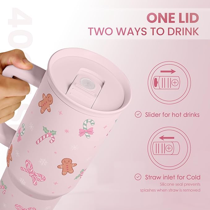SANDJEST Christmas Theme 40oz Slider Tumbler with Handle and Straw - Insulated Stainless Steel Travel Coffee Mug for Women Girls, Gift for Birthday Xmas - Image 4