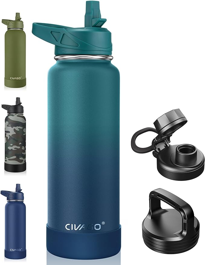 CIVAGO 40 oz Insulated Water Bottle With Straw, Stainless Steel Sports Water Cup Flask with 3 Lids (Straw, Spout and Handle Lid), Double Walled Travel Thermal Canteen Mug, Dark Night by CIVAGO