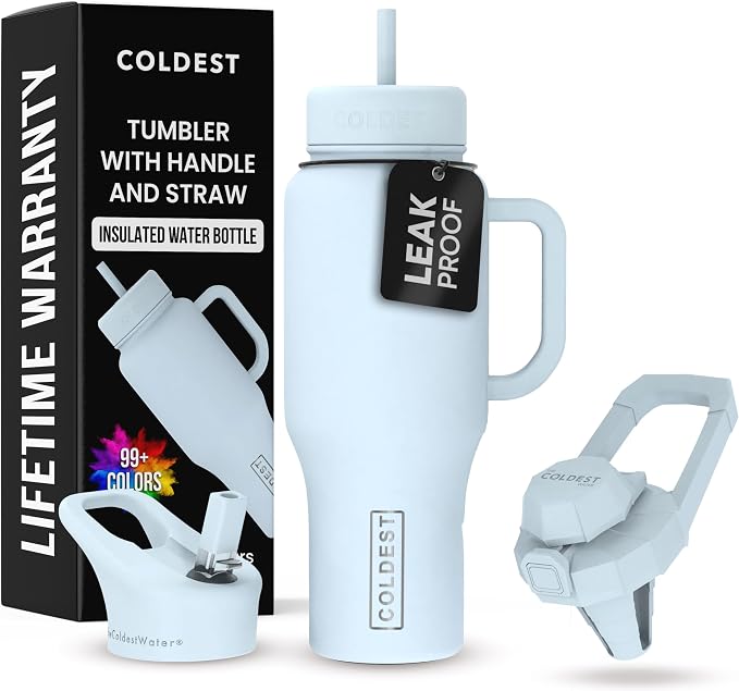 Coldest Tumbler with Handle and Straw - 100% Leak Proof Insulated Tumbler with Lid and Straw (3 Lids) - Stainless Steel Tumblers for Women & Men - Cup Holder Friendly Base, 36 oz (Morning Mist) by Coldest