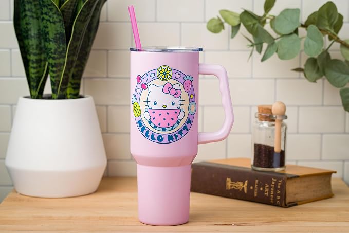 Silver Buffalo Sanrio Hello Kitty Summer Kawaii Fruits Double Walled Stainless Steel Tumbler with Handle, Fits in Standard Cup Holder, 40 Ounces - Image 8