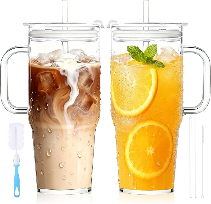 2Pack 40OZ Glass Tumbler with Handle,Glass Cup with Lid and Straw,Reusable Glass Iced Coffee Cup for Beer, Smoothies, Juice,Hot/Cold Drinks-Suitable for Birthday,Wedding,Christmas Gifts by 24ozRibbedGlassCup