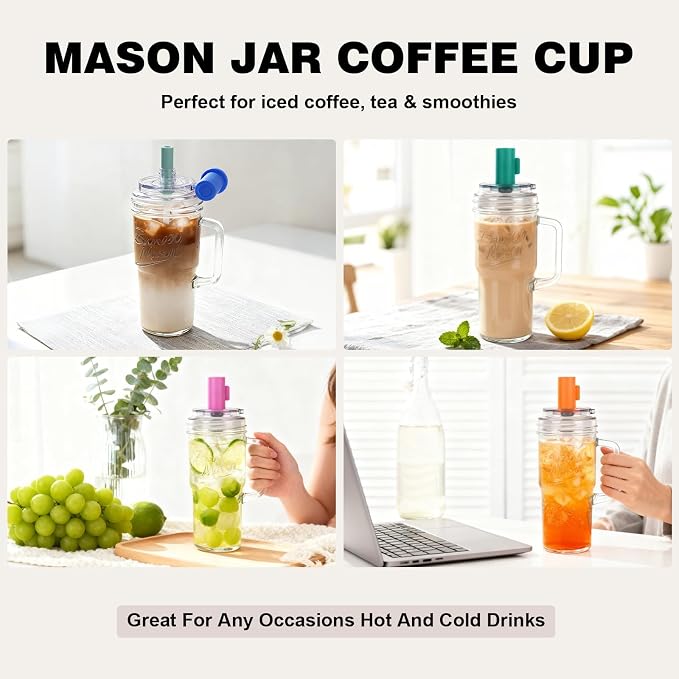 Anotion Mason Jar Cups with Lids and Straw, Leakproof 24oz Glass Tumbler with Handle, Leak-Proof Dustproof Cap, Self-Assembly Silicone Straw, Reusable Iced Coffee Matcha Cup Coffee Gifts for Women 4pc - Image 7
