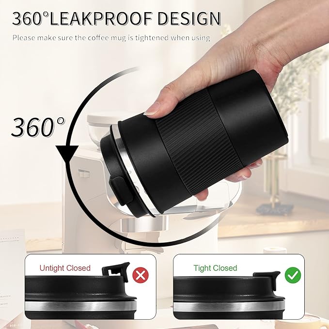 YINBAOGE Insulated Travel Coffee Mug, Spill & Leak Proof, Portable To Go Camping Stainless Steel Coffee Tumbler, Reusable Thermal Coffee Cup with Lid for Hot & Cold Drinks (Black, 12 OZ) - Image 4