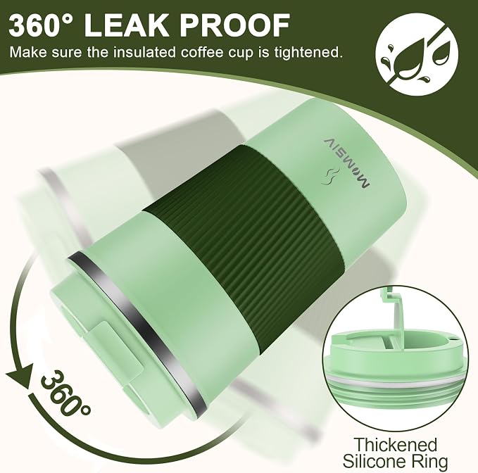 MOMSIV 12oz Travel Mug, Insulated Coffee Cup with Leakproof Lid, Vacuum Stainless Steel Double Walled Reusable Tumbler for Hot and Cold Water Coffee and Tea In Travel and Car (Green-380ml) - Image 5