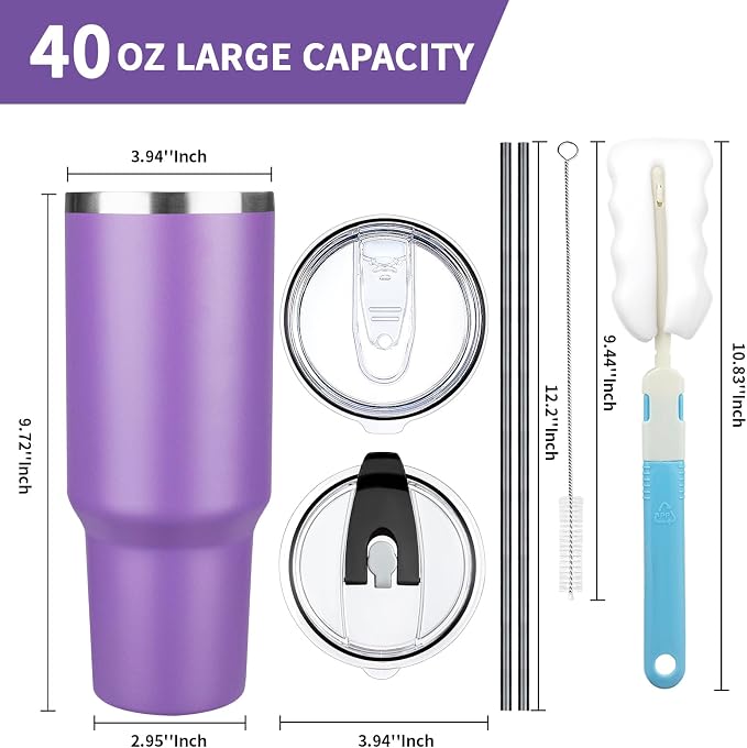 40 oz Tumbler with Lids and Straws, Stainless Steel Insulated Coffee Tumbler, Double Wall Vacuum Insulated Travel Mug Cup, Leakproof Thermal Coffee Cup for Hot and Cold Drinks (Purple) - Image 2