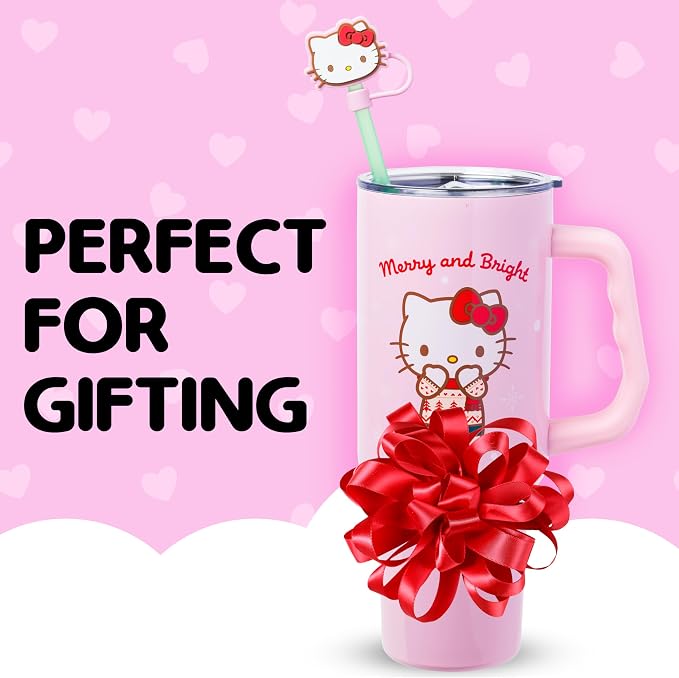 Silver Buffalo Sanrio Hello Kitty Christmas Holiday Sweater Merry and Bright Double Walled Stainless Steel Tumbler with Handle, Straw, and Straw Cap, Fits in Standard Cup Holder, 40 Ounces - Image 7