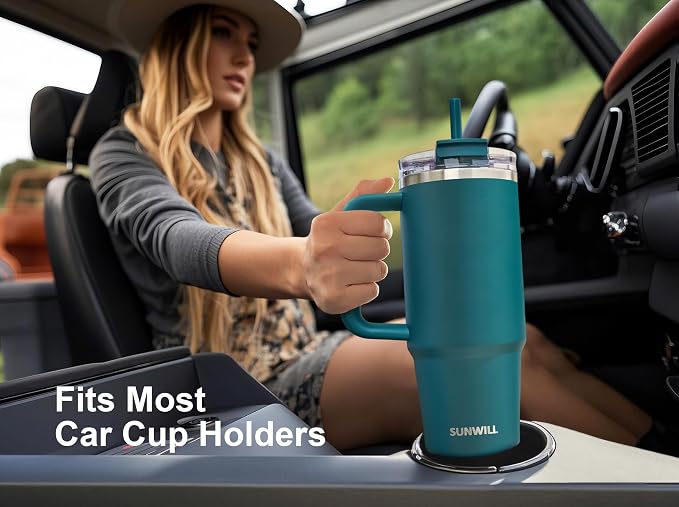 SUNWILL Travel Coffee Mug with Lid, 30 oz Tumbler with Handle and Straw Leak Proof, Stainless Steel Cup Insulated for Office & Camping, Cupholder Friendly, Powder Coated Deep Teal - Image 6