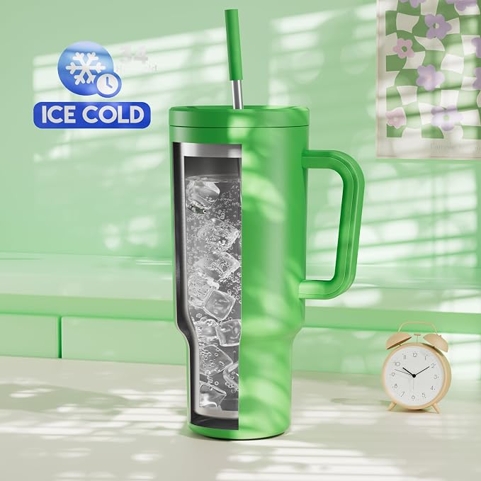 Meoky 40 oz Tumbler with Handle and Straw: Stainless Steel Insulated Tumbler with Lid and Straw - 100% Leak Proof Tumbler for Car Cup Holders - Travelers Commuters Workers, Green - Image 2