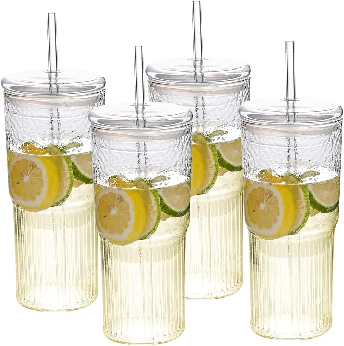 20oz Glass Cups With Glass Lids and Straws, High Borosilicate Iced Coffee Cups, Reusable Glass Tumblers for Coffee, Tea, Juice, Smoothies, Hot/Cold Drinks at Home, Office - 4 Packs by MINGHYZYA