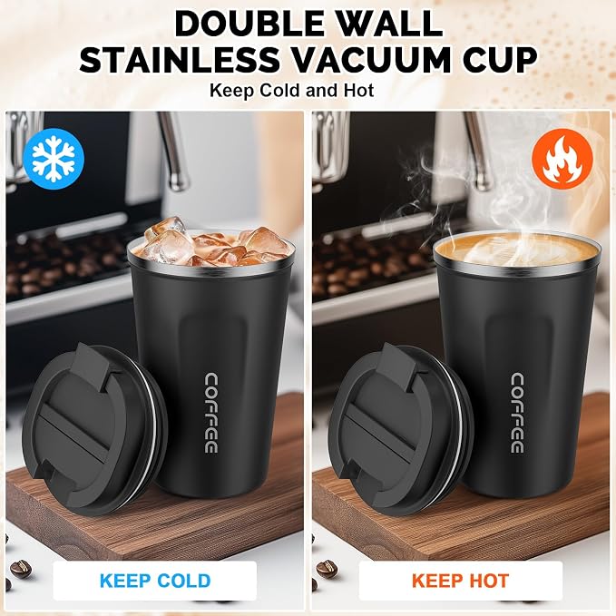 MOMSIV 12oz Travel Mug, Insulated Coffee Cup with Leakproof Lid, Vacuum Stainless Steel Double Walled Reusable Tumbler for Hot and Cold Water Coffee and Tea In Travel and Car Black - Image 6