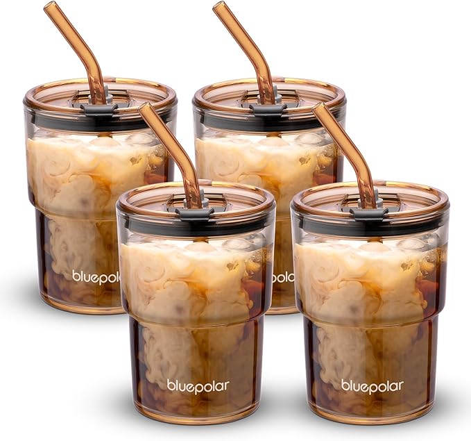 BLUEPOLAR 13oz/400ml Glass Water Tumbler with Straw and Lid Sealed Carry On Thick Wall Iced Coffee Cup Glass Cup for Water, Iced Tea Fruit Juice Etc (Amber-4Pack) by BLUEPOLAR