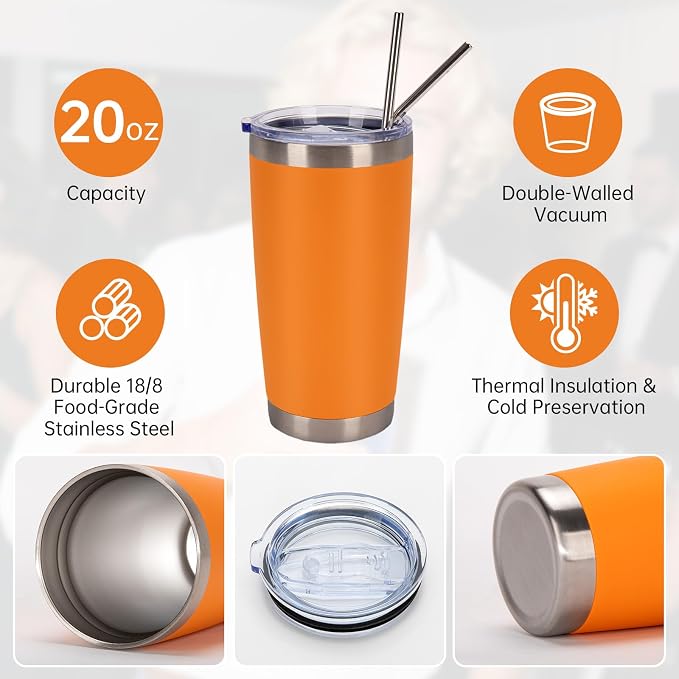 IEOVIEE 32 Pack, 20oz Stainless Steel Bulk Tumblers with Lids and Straws, Double Wall Insulated Travel Coffee Mug, Durable Powder Coated Tumbler Bulk Cup for Cold and Hot Drinks(Orange) - Image 5