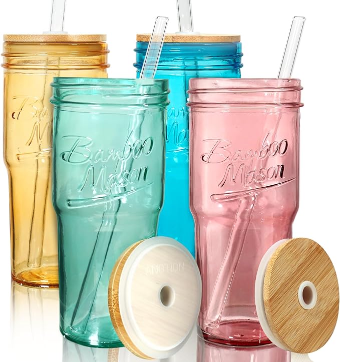 ANOTION Colored Glass Cups with Lids and Straws - 24oz Travel Coffee Mug Wide Mouth Mason Jar Iced Coffee Cup Smoothie Cup Glass Tumbler Tea Cup Clear Cute Water Cups Colorful Drinking Glasses by ANOTION