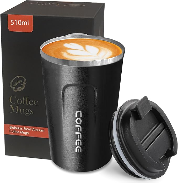YINBAOGE Insulated Travel Coffee Mug, Spill & Leak Proof, Portable To Go Camping Stainless Steel Coffee Tumbler, Reusable Thermal Coffee Cup with Lid for Hot & Cold Drinks (2nd-Black, 17 OZ) by YINBAOGE