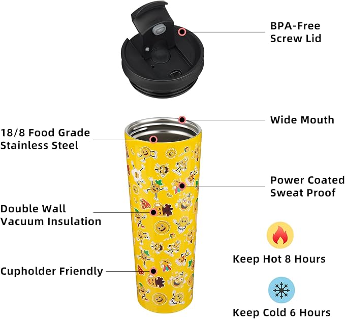 BJPKPK 30oz Insulated Tumbler With lid And Straw Stainless Steel Tumblers Travel Coffee Mug Reusable Thermal Cup,Hawaii Fruits-Yellow (Pack of 2) - Image 2