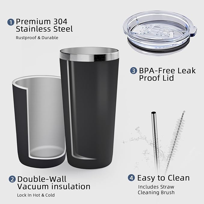 GGQ 20oz Travel Coffee Tumbler Food-Grade 304 Stainless Steel Vacuum Insulated Double Wall Leak-Proof Lid Reusable Straw Hot and Cold Drinks Cup Holder Friendly (Navy Blue) - Image 4