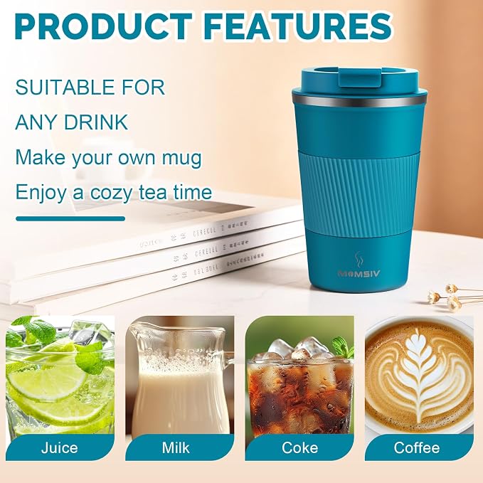 MOMSIV 12oz Travel Mug, Insulated Coffee Cup with Leakproof Lid, Travel Coffee Mug Vacuum Stainless Steel Double Walled Reusable Coffee Cup for Hot and Cold Water Coffee - Image 4