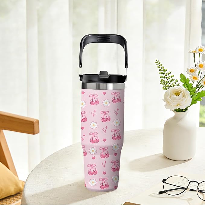 Pink Cherry Tumbler 30oz with Handle - Stainless Steel Insulated Cup, Leakproof Water Bottle with Cherry Design for Women & Girls, Perfect Birthday Christmas Gift - Image 9