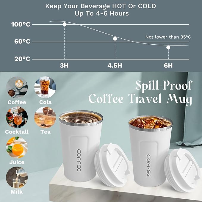 YINBAOGE Insulated Travel Coffee Mug, Spill & Leak Proof, Portable To Go Camping Stainless Steel Coffee Tumbler, Reusable Thermal Coffee Cup with Lid for Hot & Cold Drinks (2nd-White, 12 OZ) - Image 3